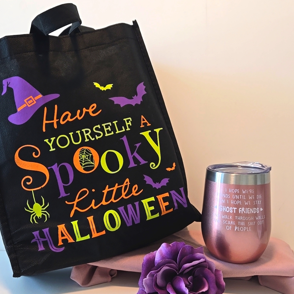 Halloween 12oz Insulated Wine Tumbler Rose Gold w/ Lid + Fabric Gift Bag NWOT